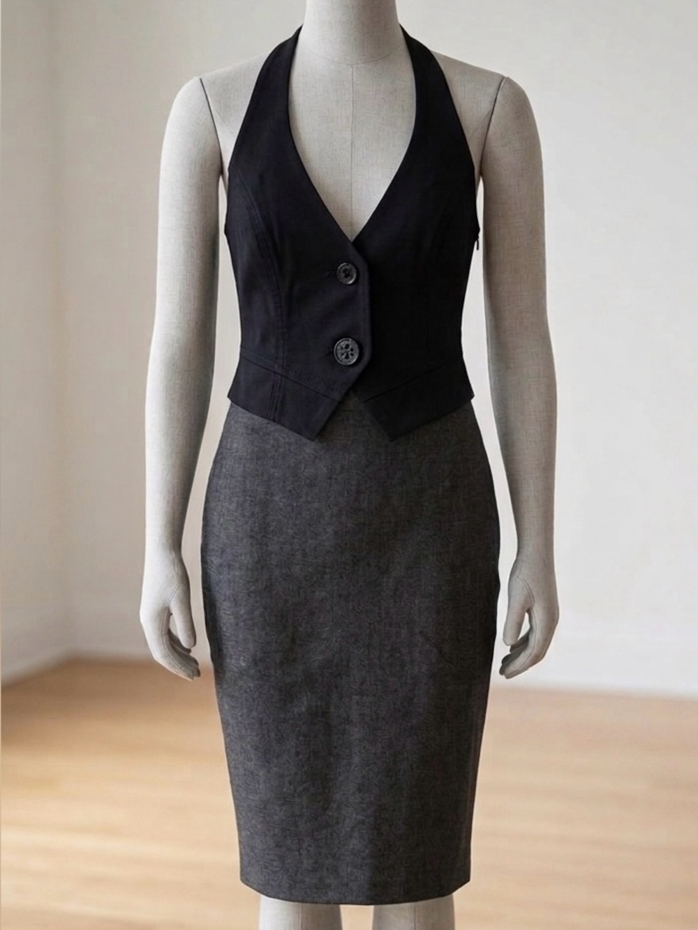 bebe Black Bust Gray Skirt Halter Mini Dress